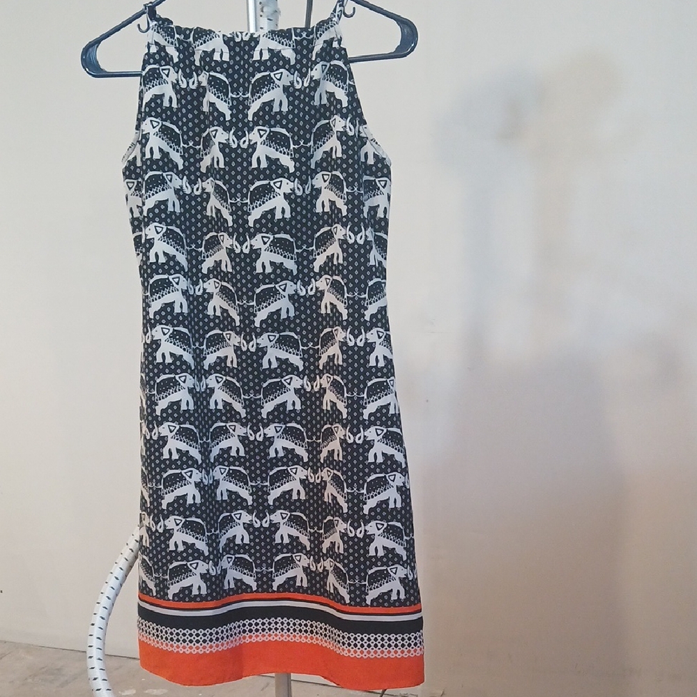 Black and White Elephant Print Dress with Orange Hem